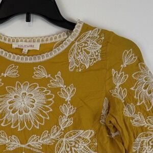 Solitaire Womens Mustard Yellow Embroidered Scalloped Hem Boho Blouse Small